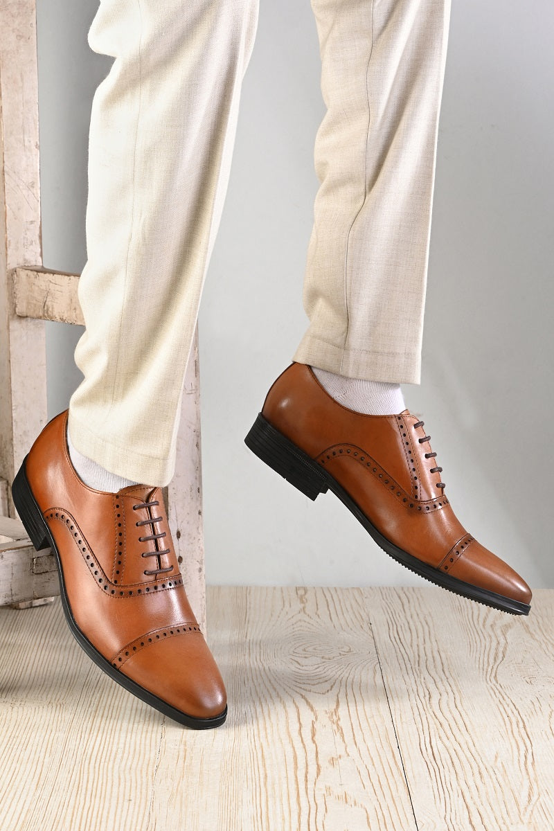 EZRO Men Premium Tan Leather Oxford Formal Shoes | Classic Cap Toe Lace-Up Dress Shoes