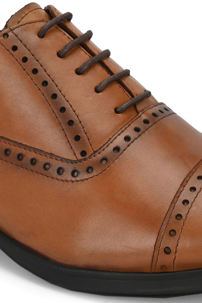 EZRO Men Premium Tan Leather Oxford Formal Shoes | Classic Cap Toe Lace-Up Dress Shoes