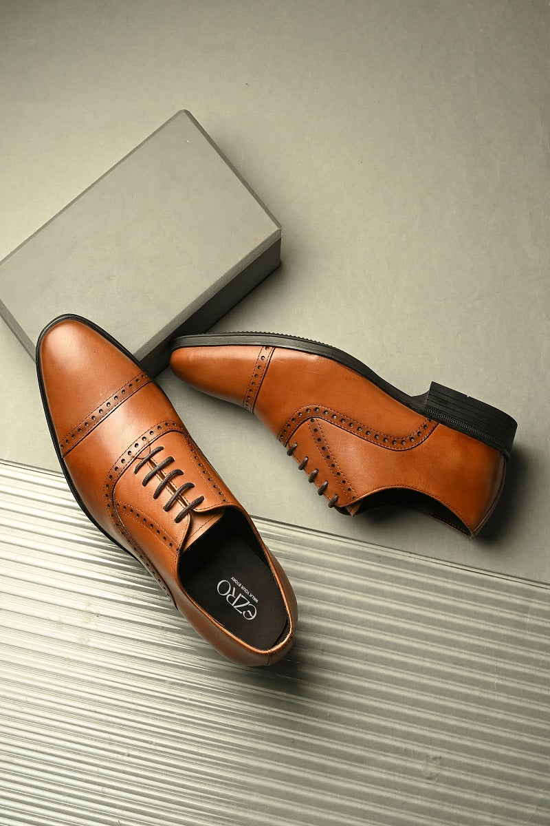EZRO Men Premium Tan Leather Oxford Formal Shoes | Classic Cap Toe Lace-Up Dress Shoes