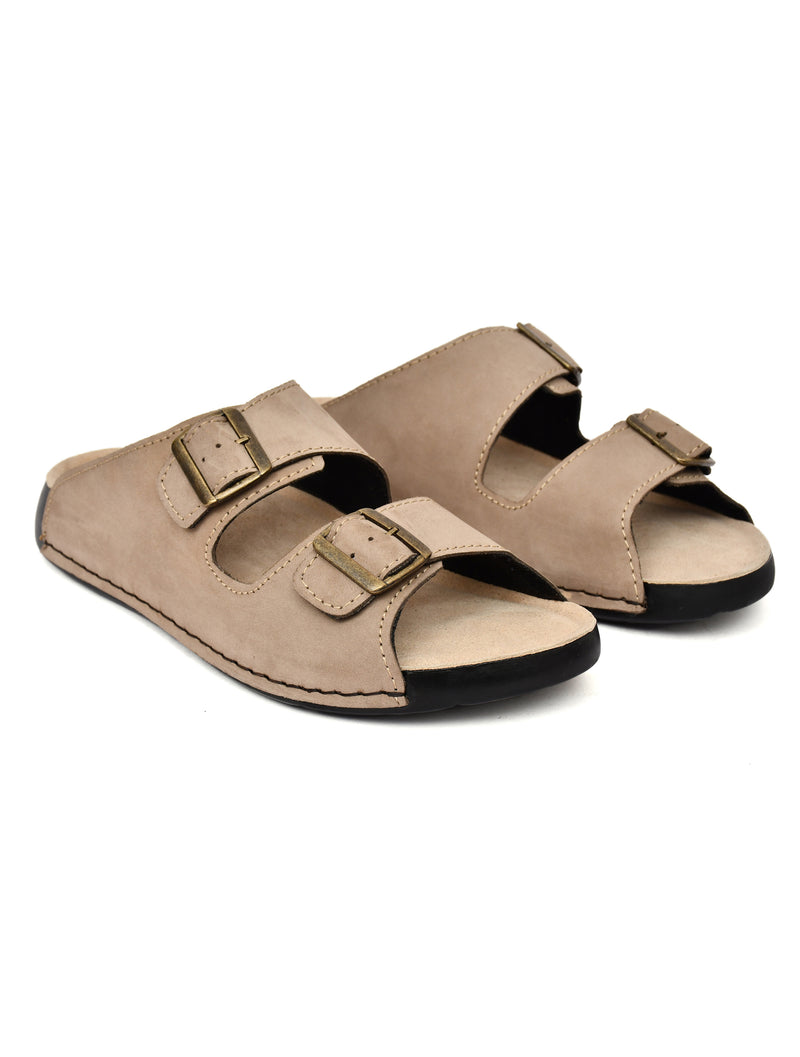 EZRO Men Beige Adjustable Double Buckle Comfort Slippers | Casual Open-Toe Slip-On Sandals