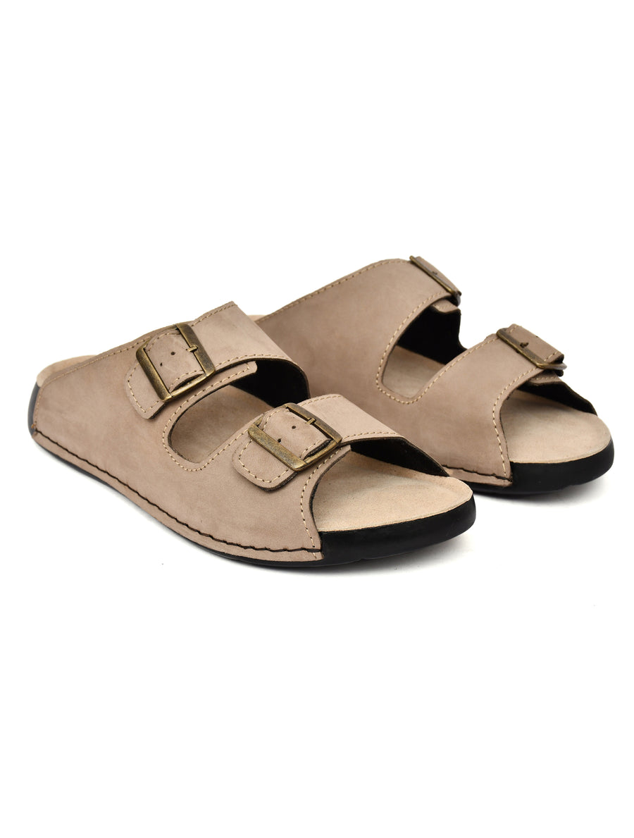 EZRO Men Beige Adjustable Double Buckle Comfort Slippers | Casual Open-Toe Slip-On Sandals