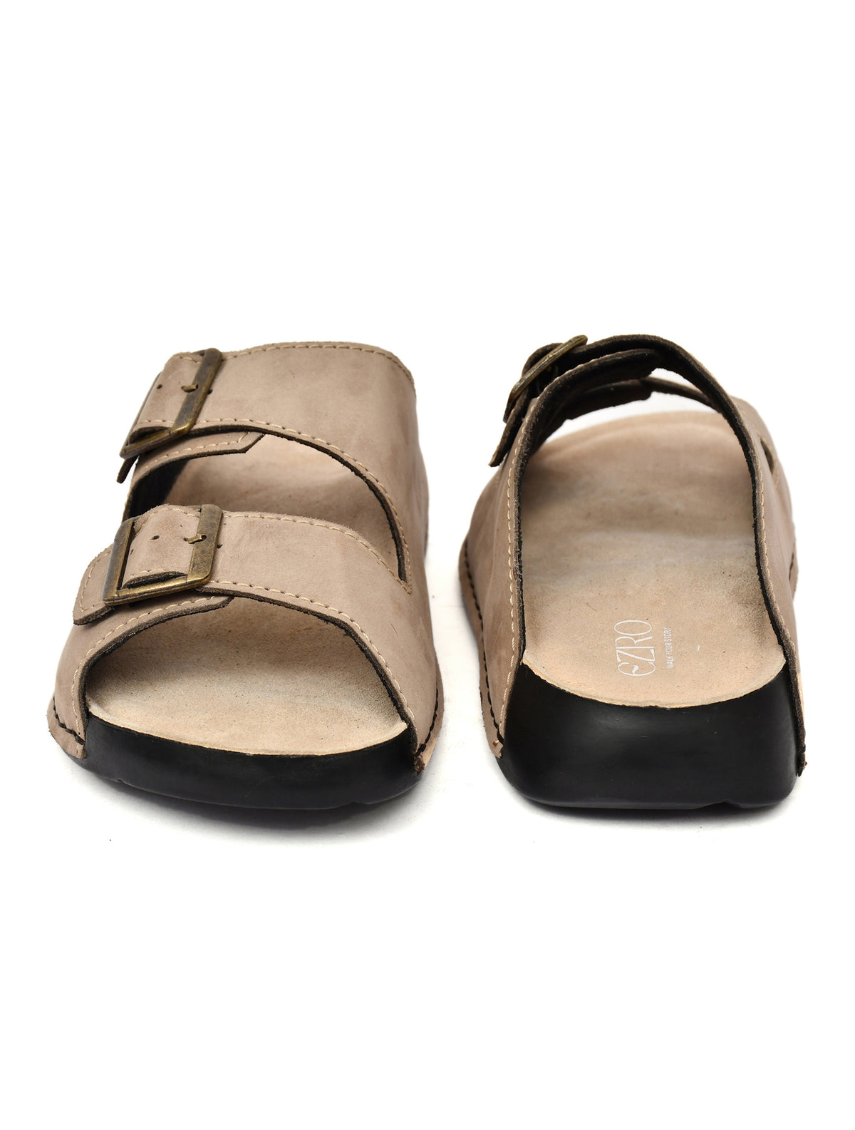 EZRO Men Beige Adjustable Double Buckle Comfort Slippers | Casual Open-Toe Slip-On Sandals