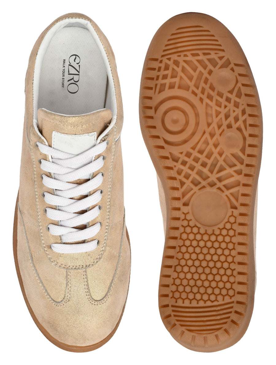 EZRO Women Golden Casual Lace-Up Sneakers – Stylish Everyday Low-Top Shoes
