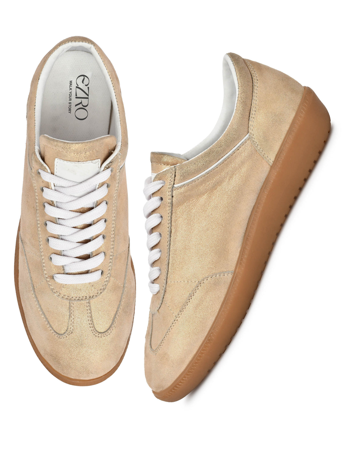 EZRO Women Golden Casual Lace-Up Sneakers – Stylish Everyday Low-Top Shoes