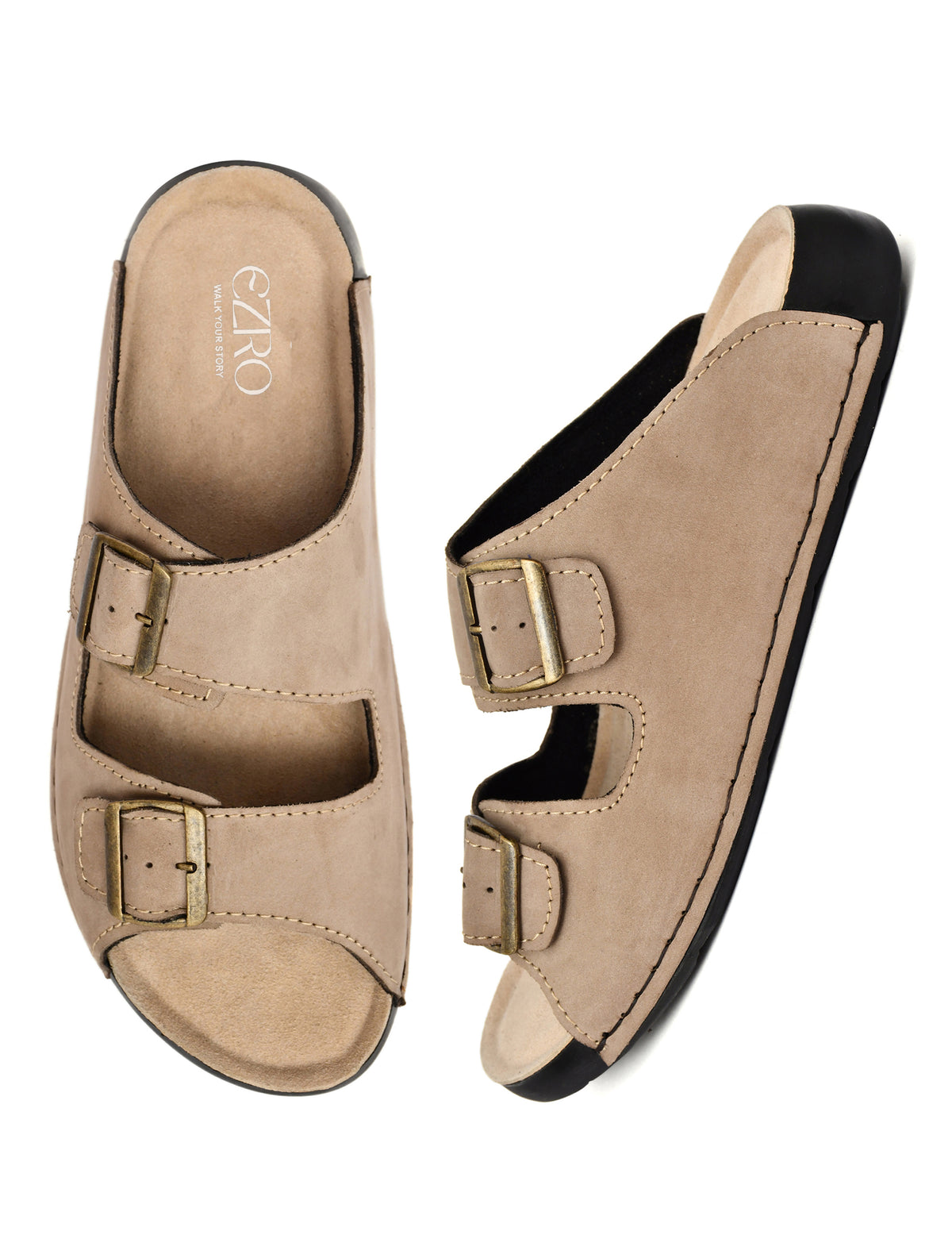 EZRO Men Beige Adjustable Double Buckle Comfort Slippers | Casual Open-Toe Slip-On Sandals