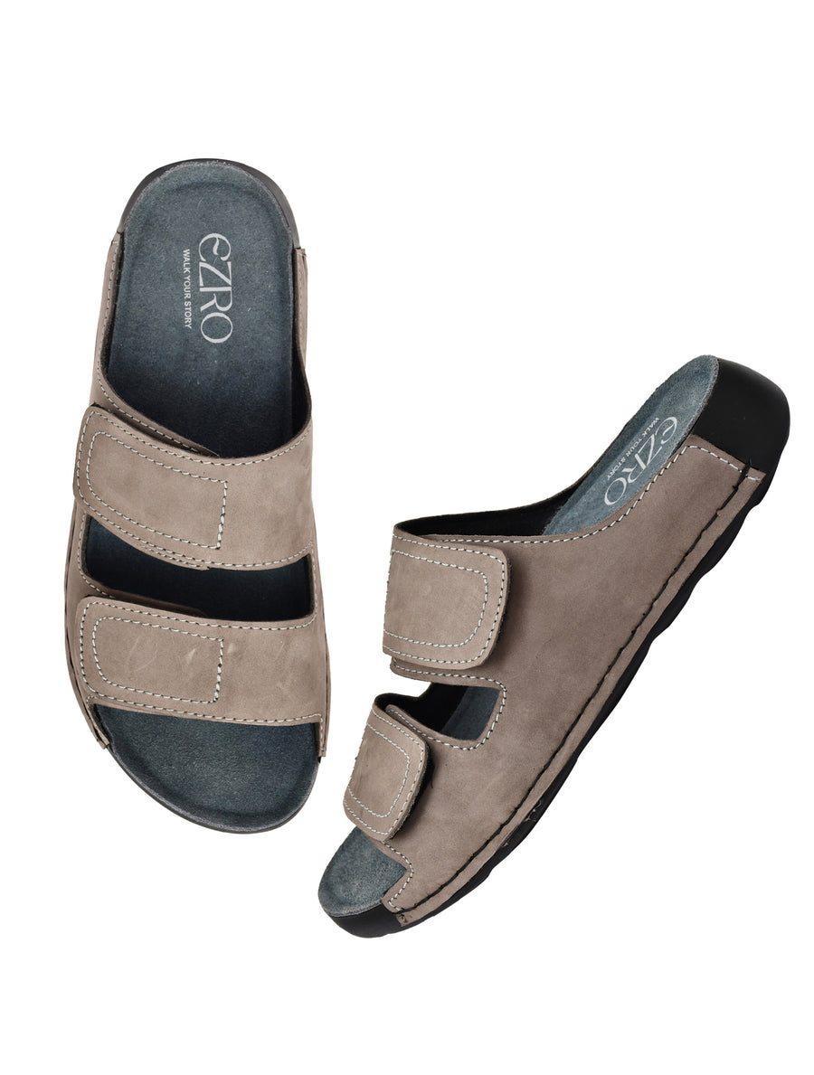 EZRO Men Grey Adjustable Comfort Slippers | Premium Dual Strap Casual Slide Slippers for Indoor & Outdoor Wear