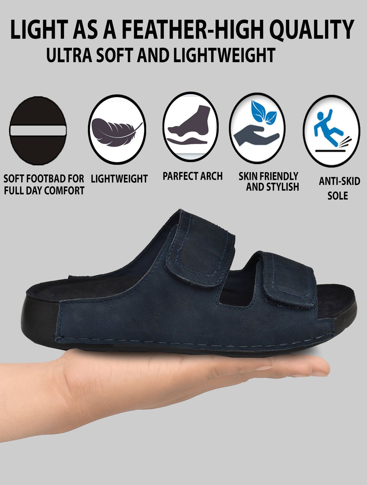 EZRO Men Navy Blue Adjustable Comfort Slippers | Premium Dual Strap Casual Slide Slippers for Indoor & Outdoor Wear