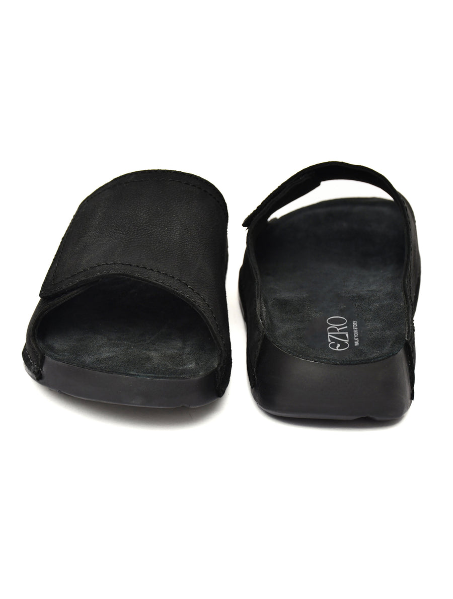 EZRO Men Black Comfort Slide Slippers | Soft Cushioned Open-Toe Slip-On Sandals for Daily Wear