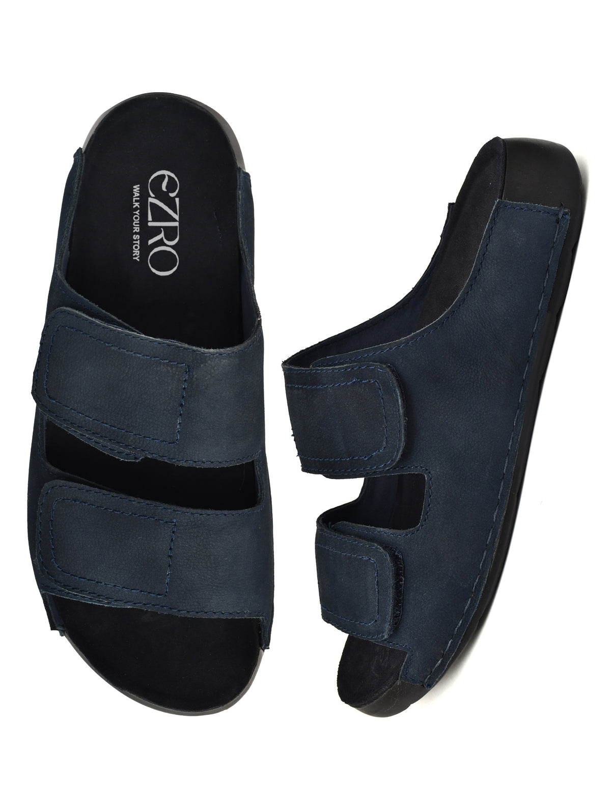 EZRO Men Navy Blue Adjustable Comfort Slippers | Premium Dual Strap Casual Slide Slippers for Indoor & Outdoor Wear