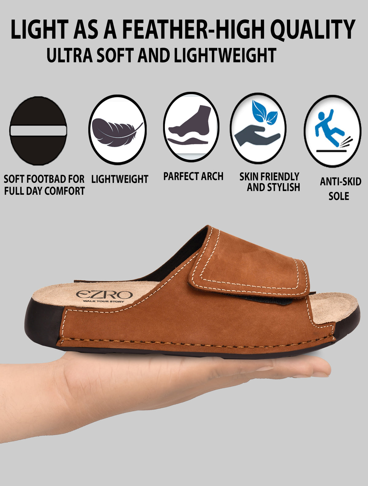 EZRO Men Tan Comfort Slide Slippers | Soft Cushioned Open-Toe Slip-On Sandals for Daily Wear