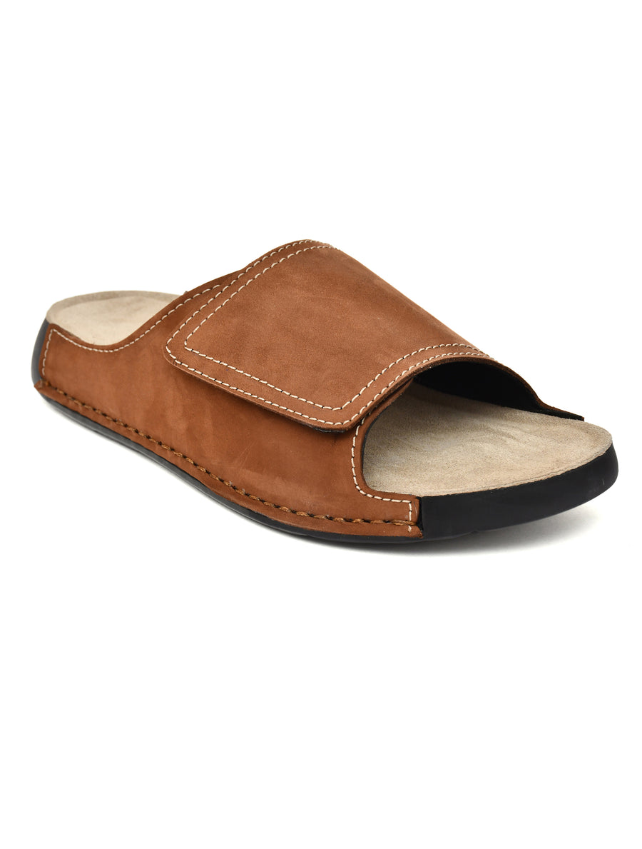 EZRO Men Tan Comfort Slide Slippers | Soft Cushioned Open-Toe Slip-On Sandals for Daily Wear