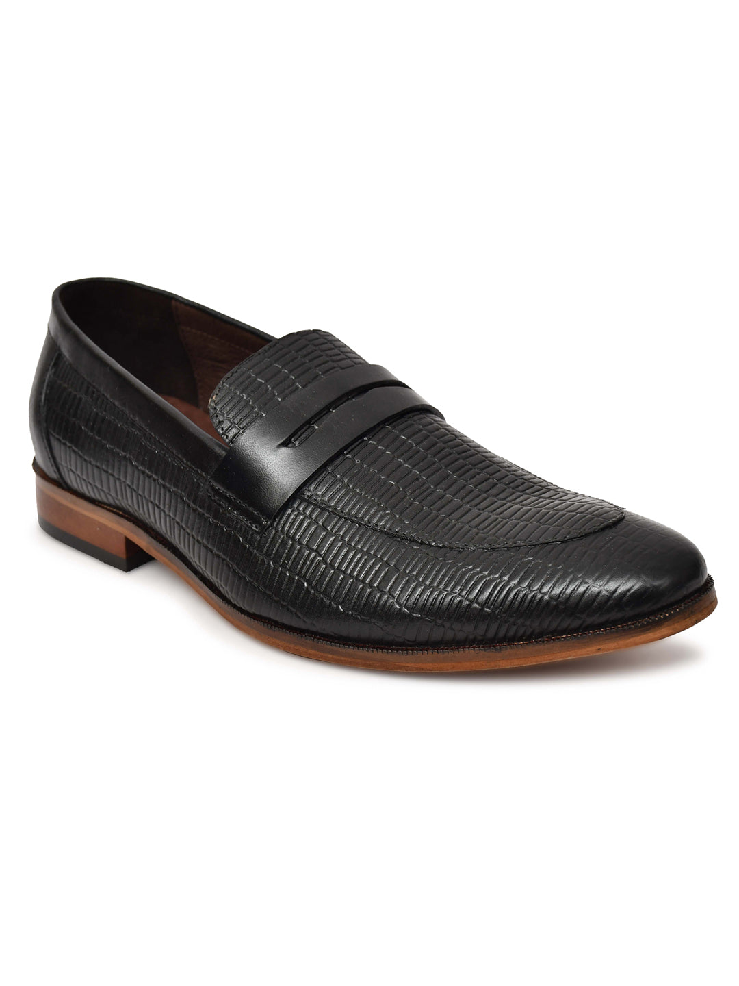 EZRO Men Premium Black Textured Leather Penny Loafers | Slip-On Formal Dress Shoes