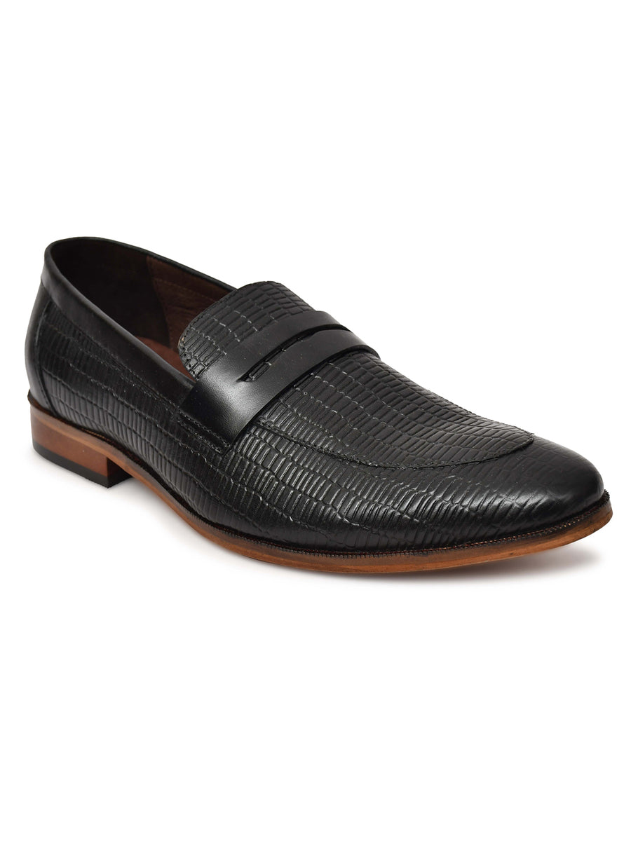 EZRO Men's Premium Black Textured Leather Penny Loafers | Slip-On Formal Dress Shoes