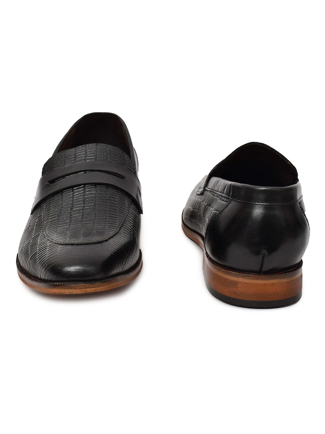EZRO Men Premium Black Textured Leather Penny Loafers | Slip-On Formal Dress Shoes