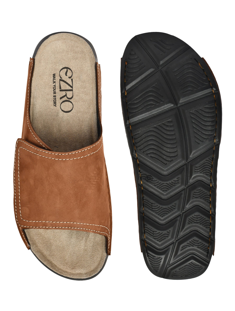 EZRO Men Tan Comfort Slide Slippers | Soft Cushioned Open-Toe Slip-On Sandals for Daily Wear