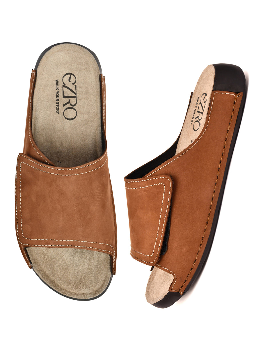 EZRO Men Tan Comfort Slide Slippers | Soft Cushioned Open-Toe Slip-On Sandals for Daily Wear