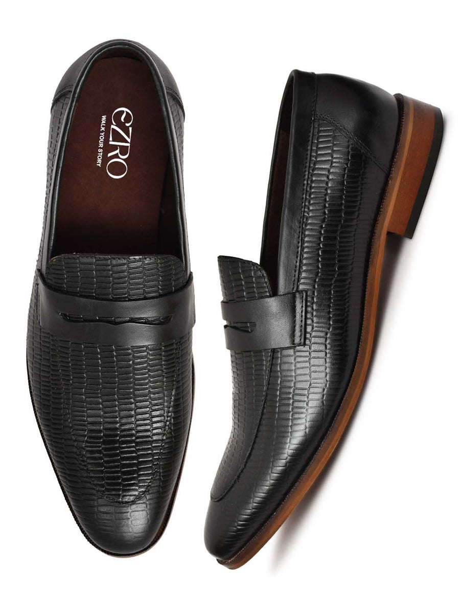 EZRO Men's Premium Black Textured Leather Penny Loafers | Slip-On Formal Dress Shoes