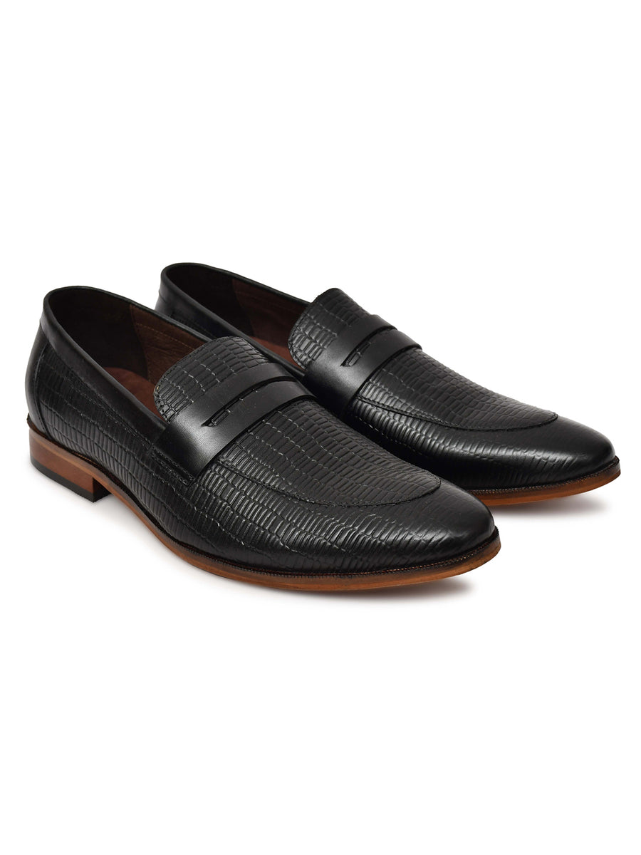 EZRO Men's Premium Black Textured Leather Penny Loafers | Slip-On Formal Dress Shoes