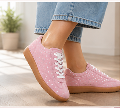 EZRO Women Silver Star Print Lace-Up Sneakers – Stylish Casual Low-Top Shoes