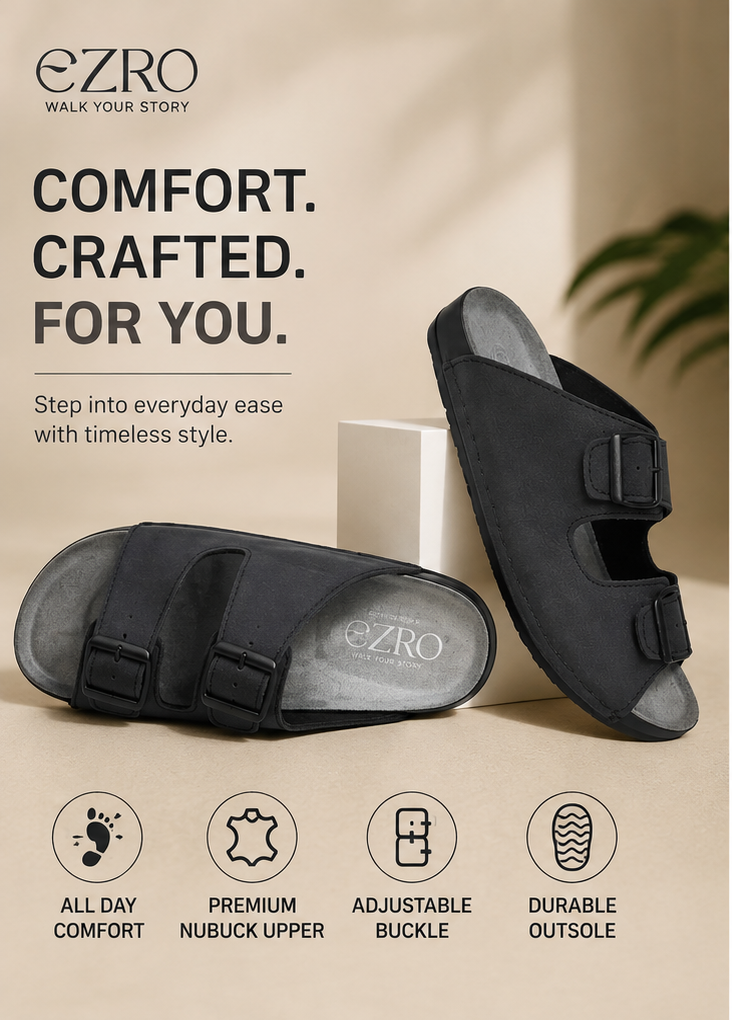 EZRO Men Grey Adjustable Double Buckle Comfort Slippers | Casual Open-Toe Slip-On Sandals
