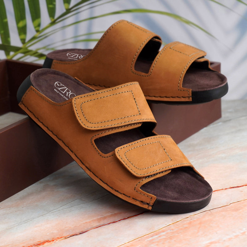 EZRO Men Tan Adjustable Comfort Slippers | Premium Dual Strap Casual Slide Slippers for Indoor & Outdoor Wear