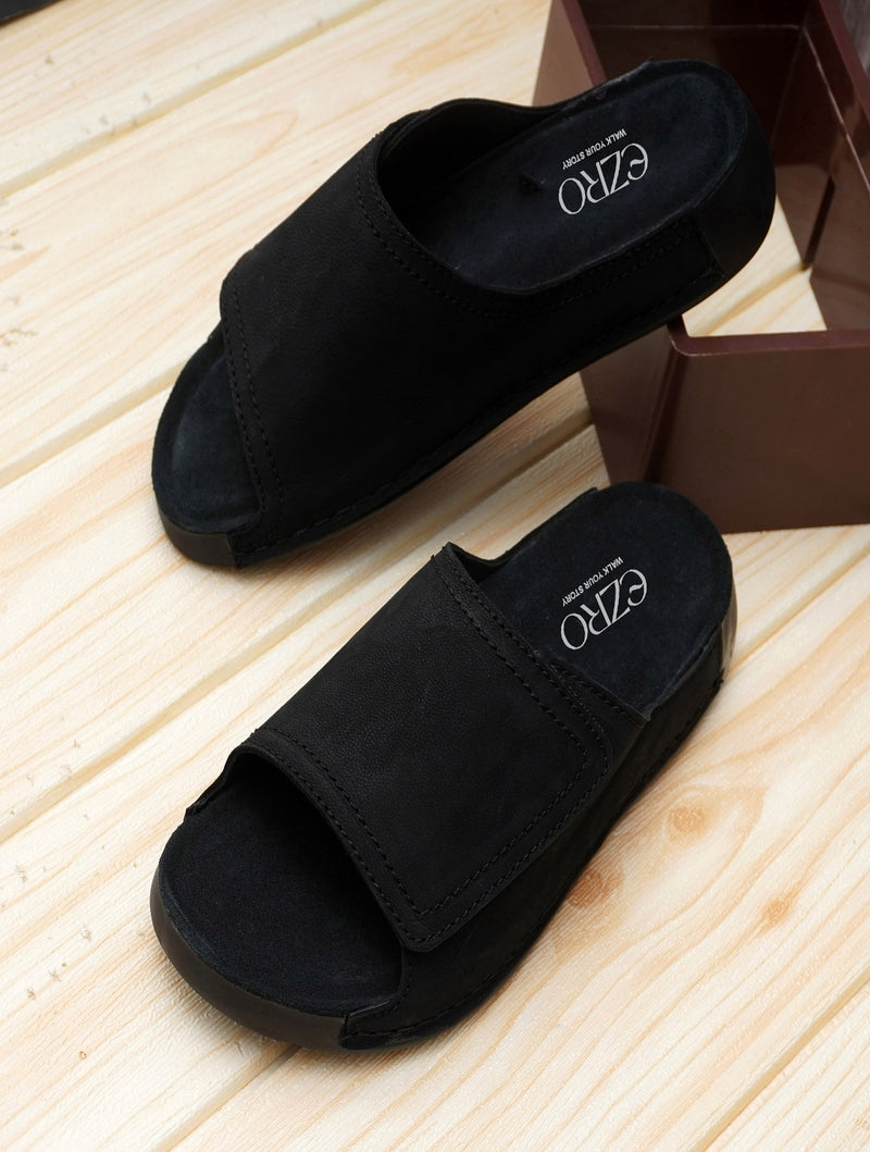 EZRO Men Black Comfort Slide Slippers | Soft Cushioned Open-Toe Slip-On Sandals for Daily Wear