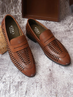 EZRO Men Premium Handwoven Tan Leather Penny Loafers | Classic Slip-On Formal Shoes