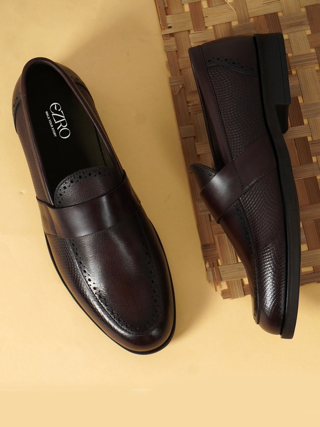 EZRO Men's Brown Slip-On Formal Loafers – Textured Office & Dress Shoes