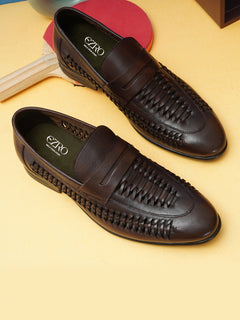 EZRO Men Premium Handwoven Brown Leather Penny Loafers | Classic Slip-On Formal Shoes