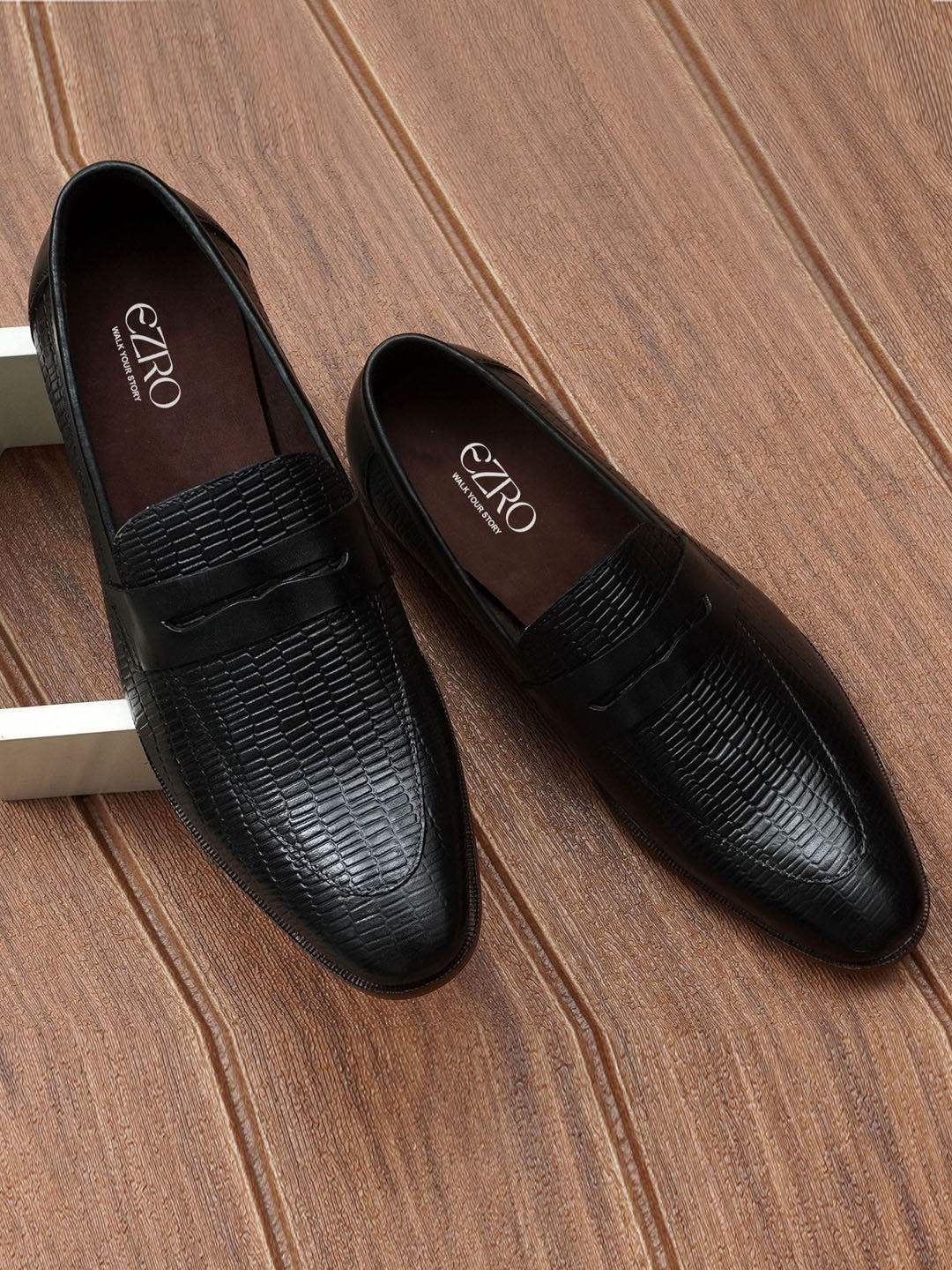 EZRO Men's Premium Black Textured Leather Penny Loafers | Slip-On Formal Dress Shoes