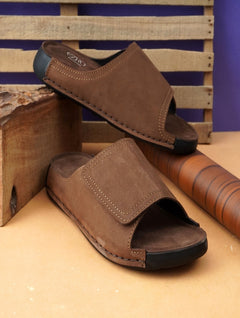 EZRO Men Brown Comfort Slide Slippers | Soft Cushioned Open-Toe Slip-On Sandals for Daily Wear