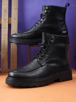 EZRO Men Black Crocodile Texture Combat Boots | Premium Lace-Up Ankle Boots for Casual, Biker & Outdoor Wear
