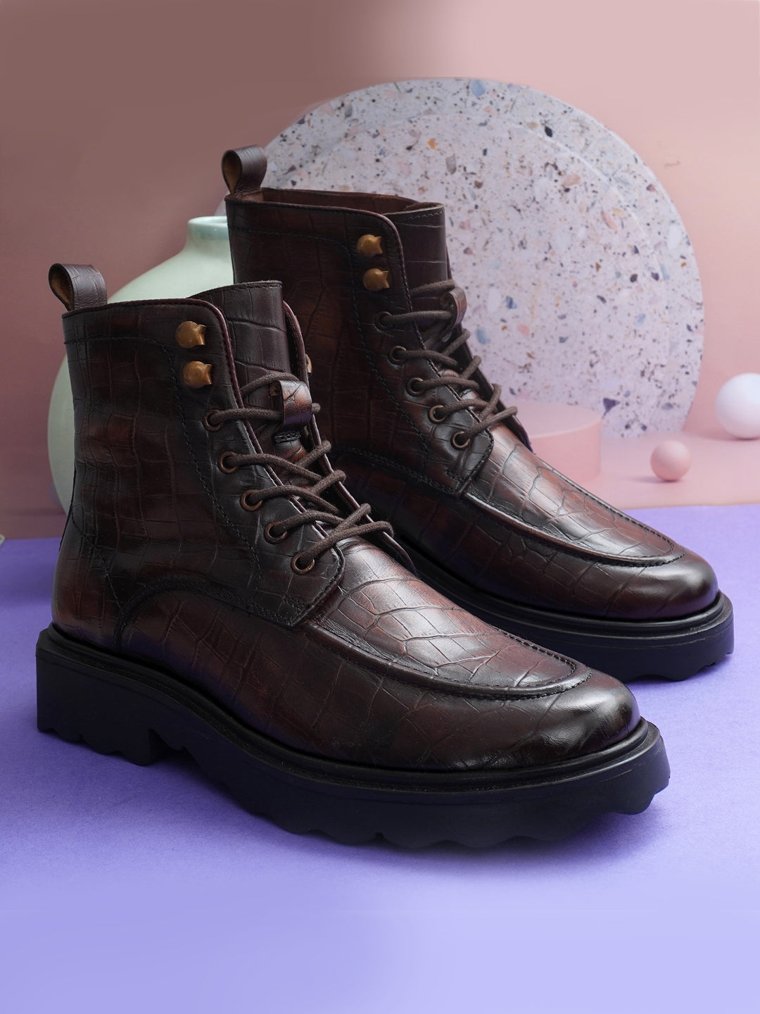 EZRO Men Brown Crocodile Texture Combat Boots | Premium Lace-Up Ankle Boots for Casual, Biker & Outdoor Wear