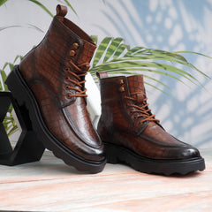 EZRO Men Tan Crocodile Texture Combat Boots | Premium Lace-Up Ankle Boots for Casual, Biker & Outdoor Wear