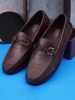 EZRO Men Wine Crocodile Texture Horsebit Loafers | Premium Slip-On Formal & Casual Driving Shoes