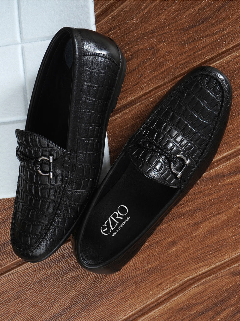 EZRO Men Black Crocodile Texture Horsebit Loafers | Premium Slip-On Formal & Casual Driving Shoes