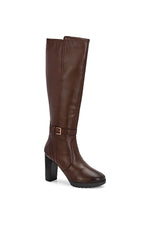 EZRO Women’s Tan Genuine Leather Knee-High Boots with Block Heel & Buckle Detail