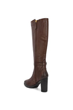 EZRO Women’s Tan Genuine Leather Knee-High Boots with Block Heel & Buckle Detail
