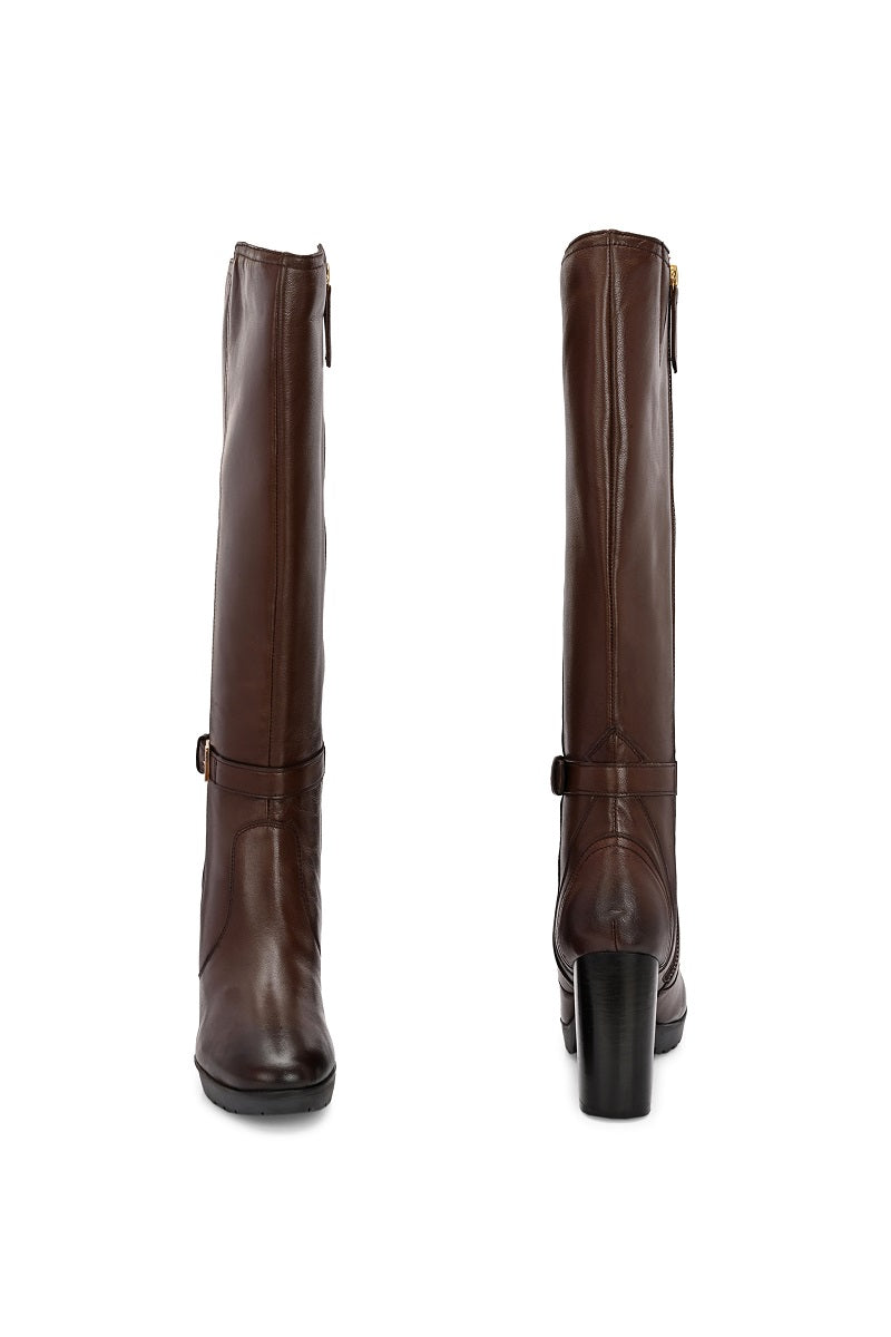 EZRO Women’s Tan Genuine Leather Knee-High Boots with Block Heel & Buckle Detail
