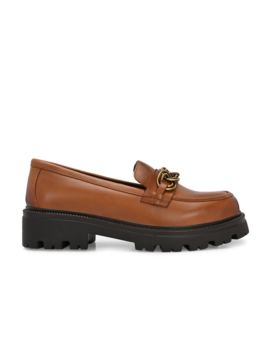 EZRO Women’s Tan Loafers with Gold Buckle – Stylish Slip-On Casual Shoes