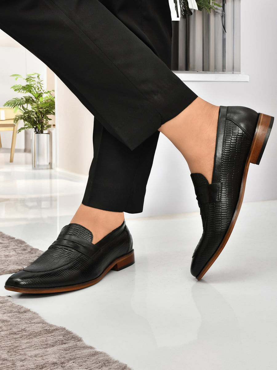 EZRO Men's Premium Black Textured Leather Penny Loafers | Slip-On Formal Dress Shoes