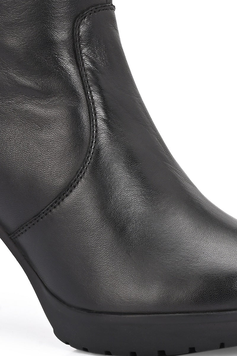 EZRO Women’s Genuine Leather Knee-High Boots with Block Heel & Buckle Detail