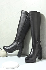 EZRO Women’s Genuine Leather Knee-High Boots with Block Heel & Buckle Detail