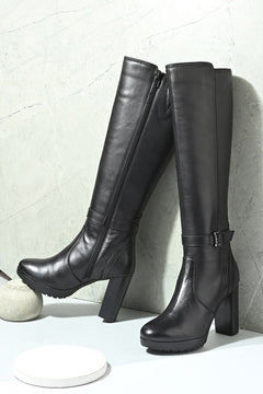EZRO Women’s Genuine Leather Knee-High Boots with Block Heel & Buckle Detail