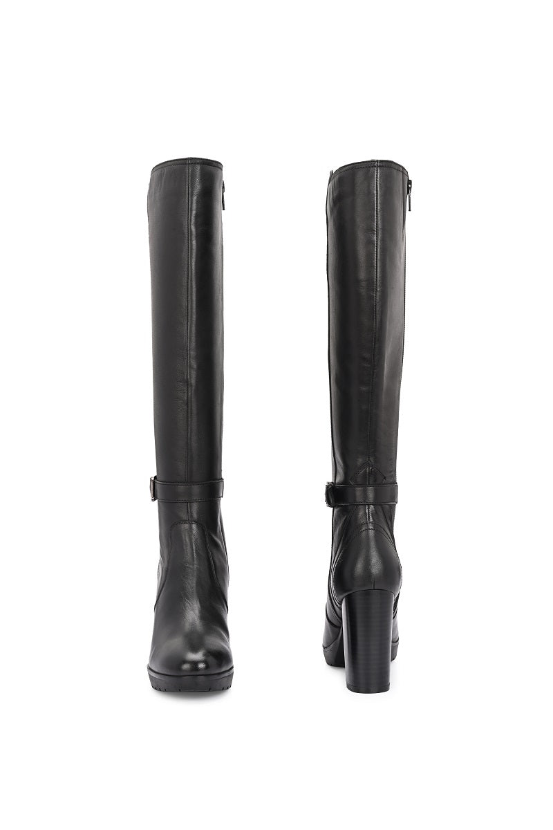 EZRO Women’s Genuine Leather Knee-High Boots with Block Heel & Buckle Detail