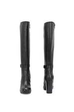EZRO Women’s Genuine Leather Knee-High Boots with Block Heel & Buckle Detail
