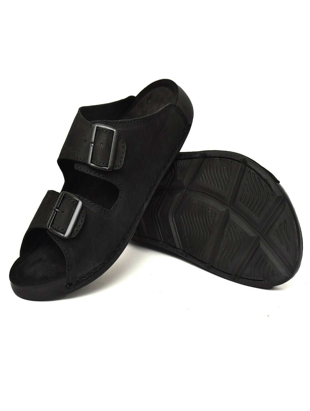 EZRO Men Black Adjustable Double Buckle Comfort Slippers | Casual Open-Toe Slip-On Sandals