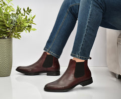 EZRO Men Wine Chelsea Boots | Premium Leather Slip-On Ankle Boots for Formal, Office & Casual Wear