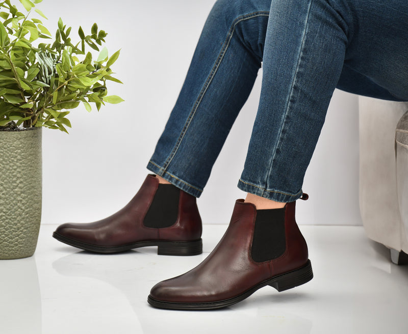 EZRO Men Wine Chelsea Boots | Premium Leather Slip-On Ankle Boots for Formal, Office & Casual Wear