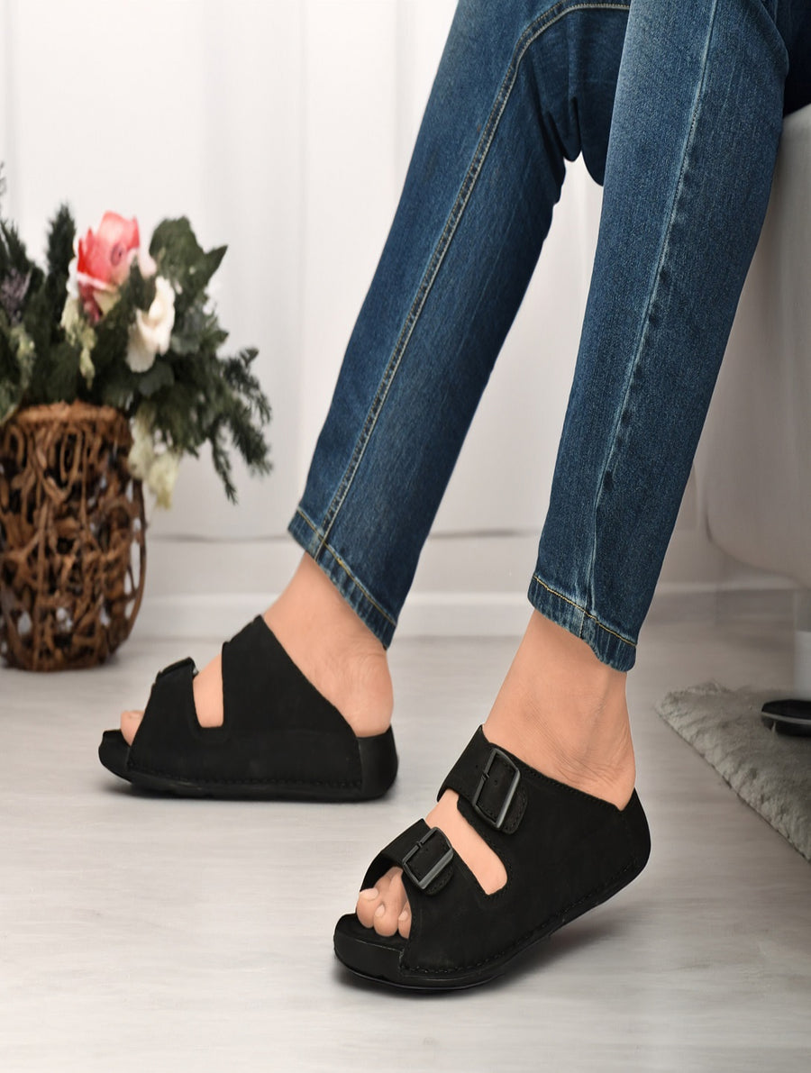 EZRO Men Black Adjustable Double Buckle Comfort Slippers | Casual Open-Toe Slip-On Sandals